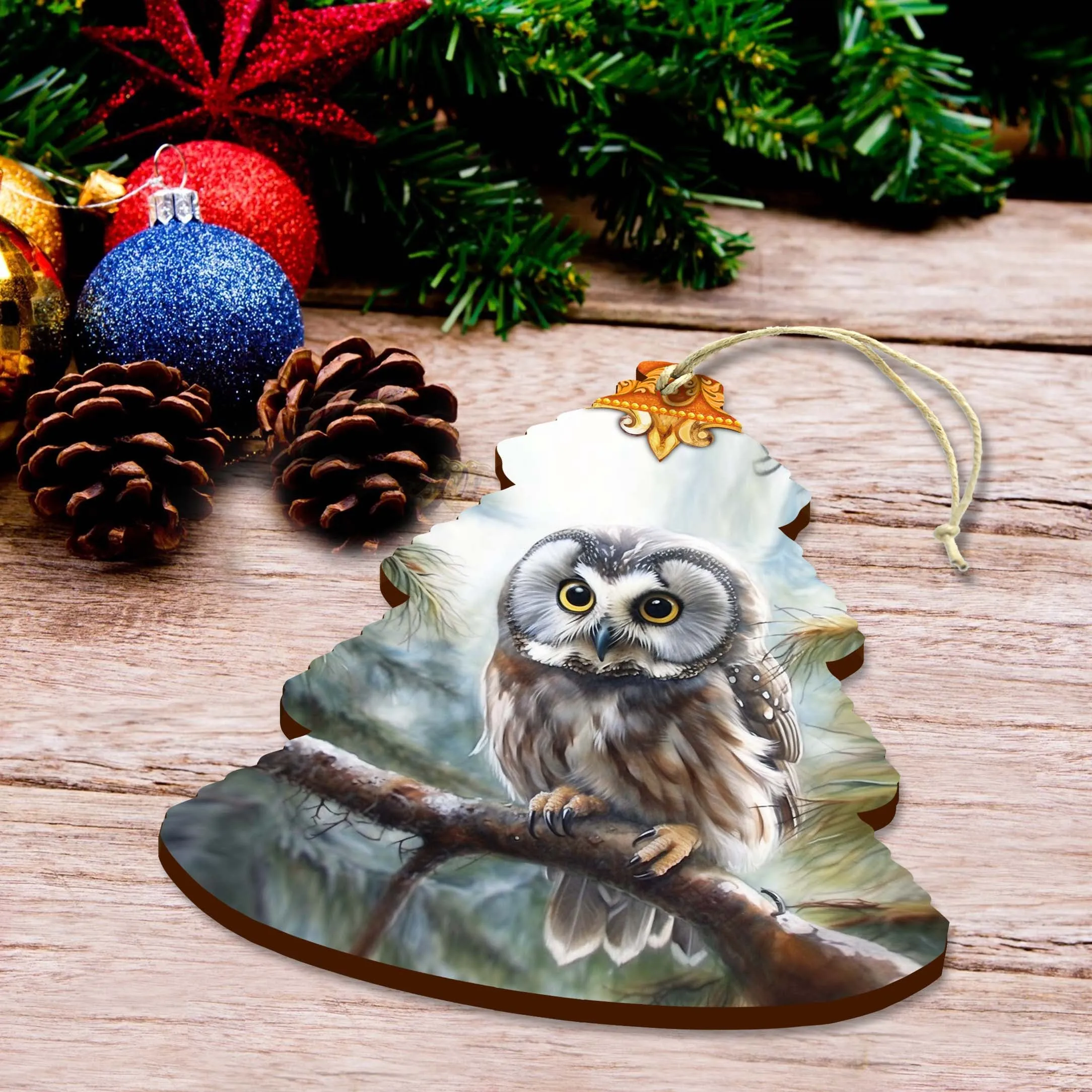 Alaskan Boreal Owl Tree Wooden Ornaments by G.Debrekht - Wildlife Holiday Décor - 870003