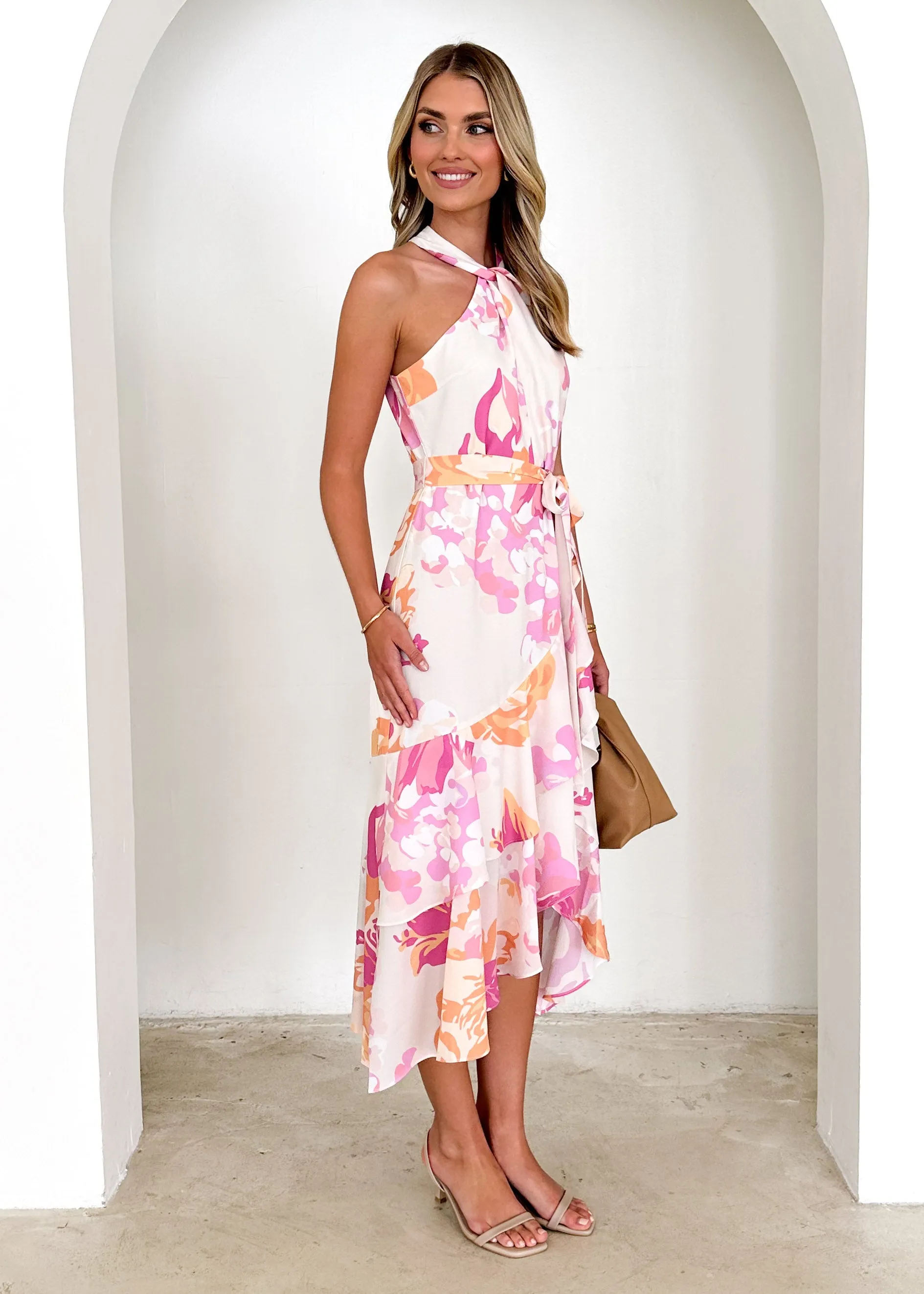 Amaris Halter Midi Dress - Pink Floral