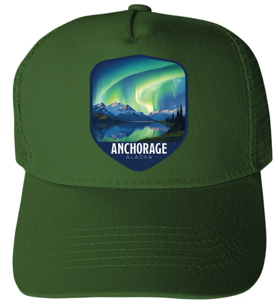 Anchorage Alaska Aurora Borelais Design Unisex Mesh Back Trucker Hat with Adjustable Snapback