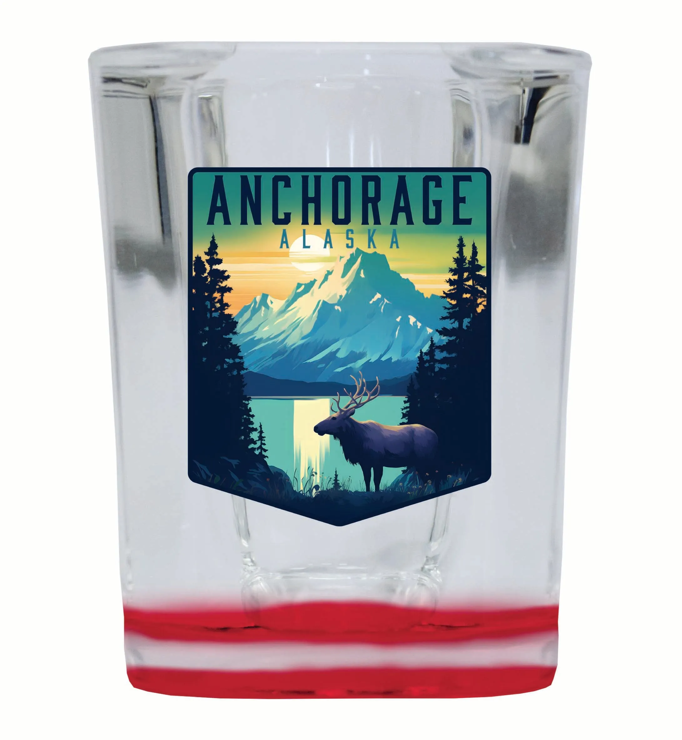 Anchorage Alaska Moose and Mountains Design Souvenir 2 Ounce Shot Glass Square