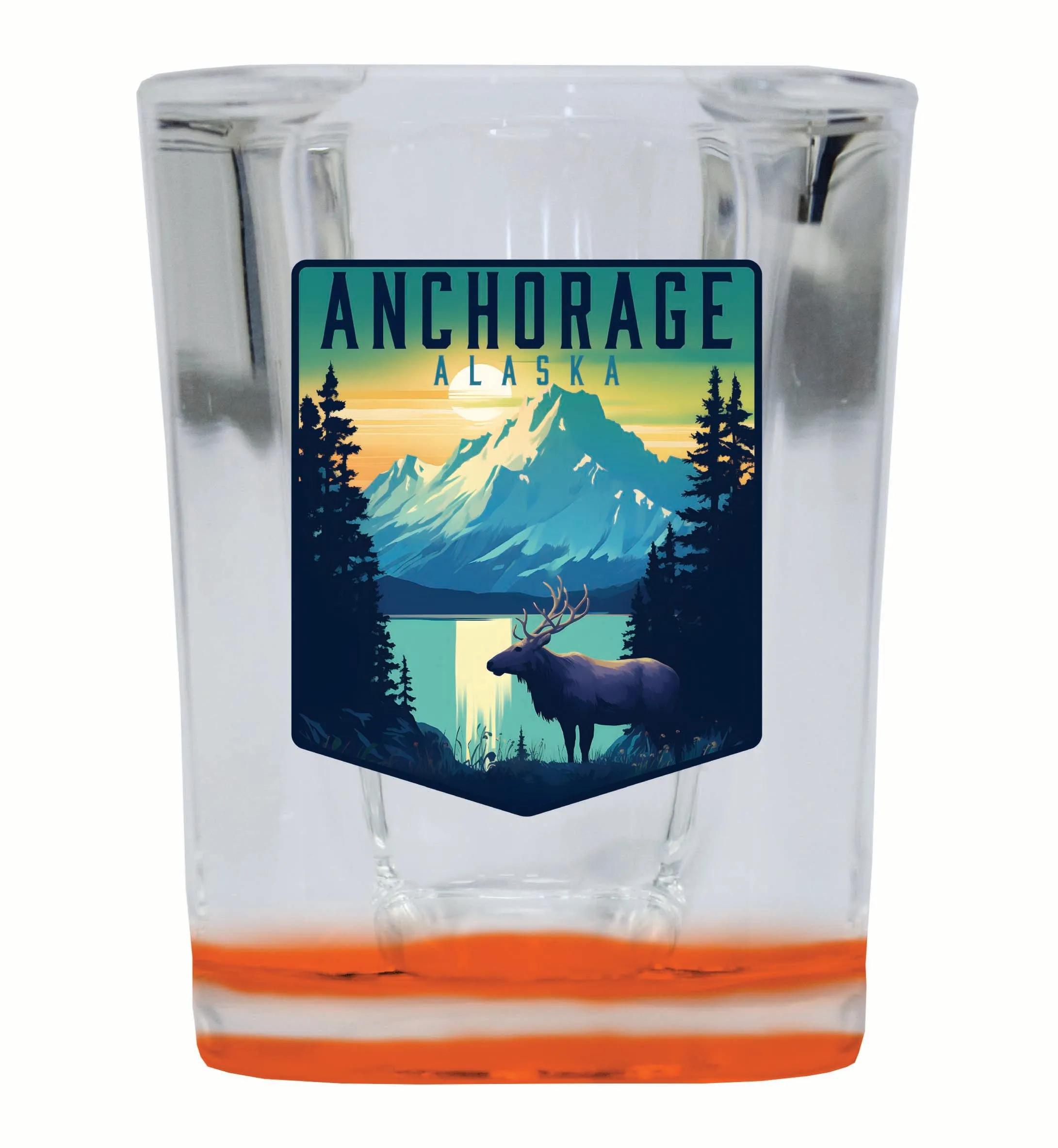 Anchorage Alaska Moose and Mountains Design Souvenir 2 Ounce Shot Glass Square