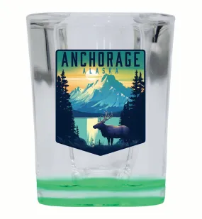 Anchorage Alaska Moose and Mountains Design Souvenir 2 Ounce Shot Glass Square