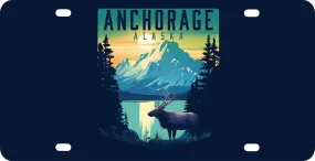 Anchorage Alaska Moose and Mountains Design Souvenir Metal License Plate