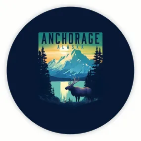 Anchorage Alaska Moose and Mountains Design Souvenir Round Vinyl Decal Sticker