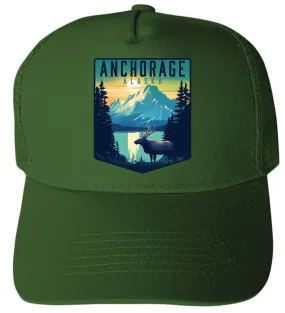 Anchorage Alaska Moose and Mountains Design Unisex Mesh Back Trucker Hat with Adjustable Snapback