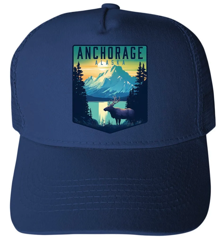 Anchorage Alaska Moose and Mountains Design Unisex Mesh Back Trucker Hat with Adjustable Snapback