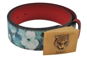 Auth GUCCI GG Blooms Metal Cat Belt GG PVC Leather 70cm 27.6" 546384 Blue 7418J