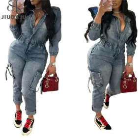 Autumn Fashion Stretch Pocket Wash Denim Jumpsuit Long Sleeve Zip Up Jeans Romper