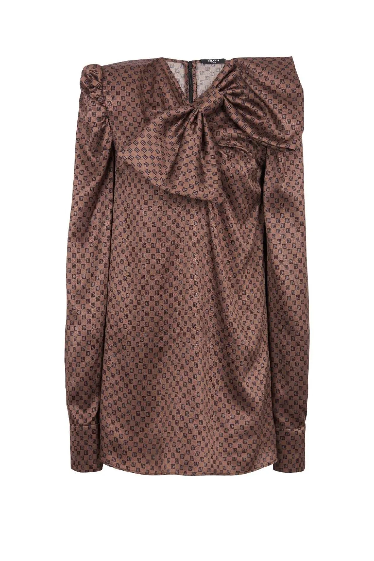 Balmain Bow Detail Monogram Satin Mini Dress - Brown