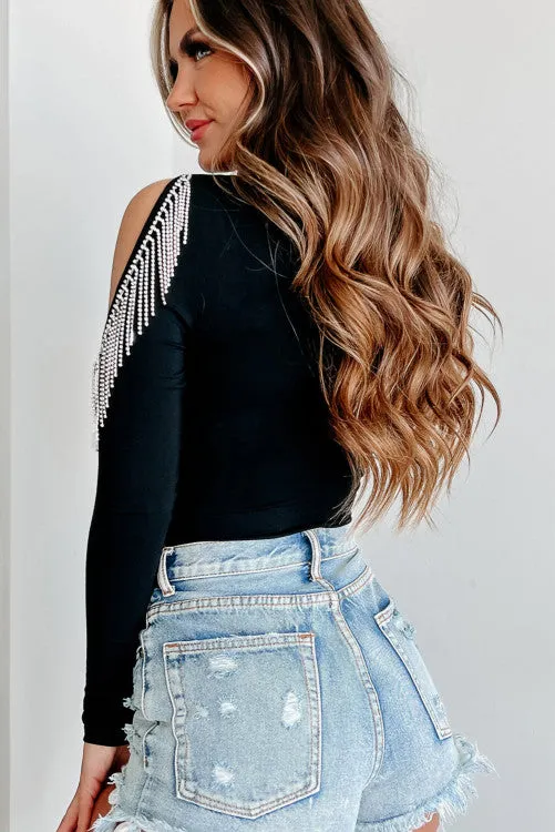 Black Rhinestone Cold Shoulder Top