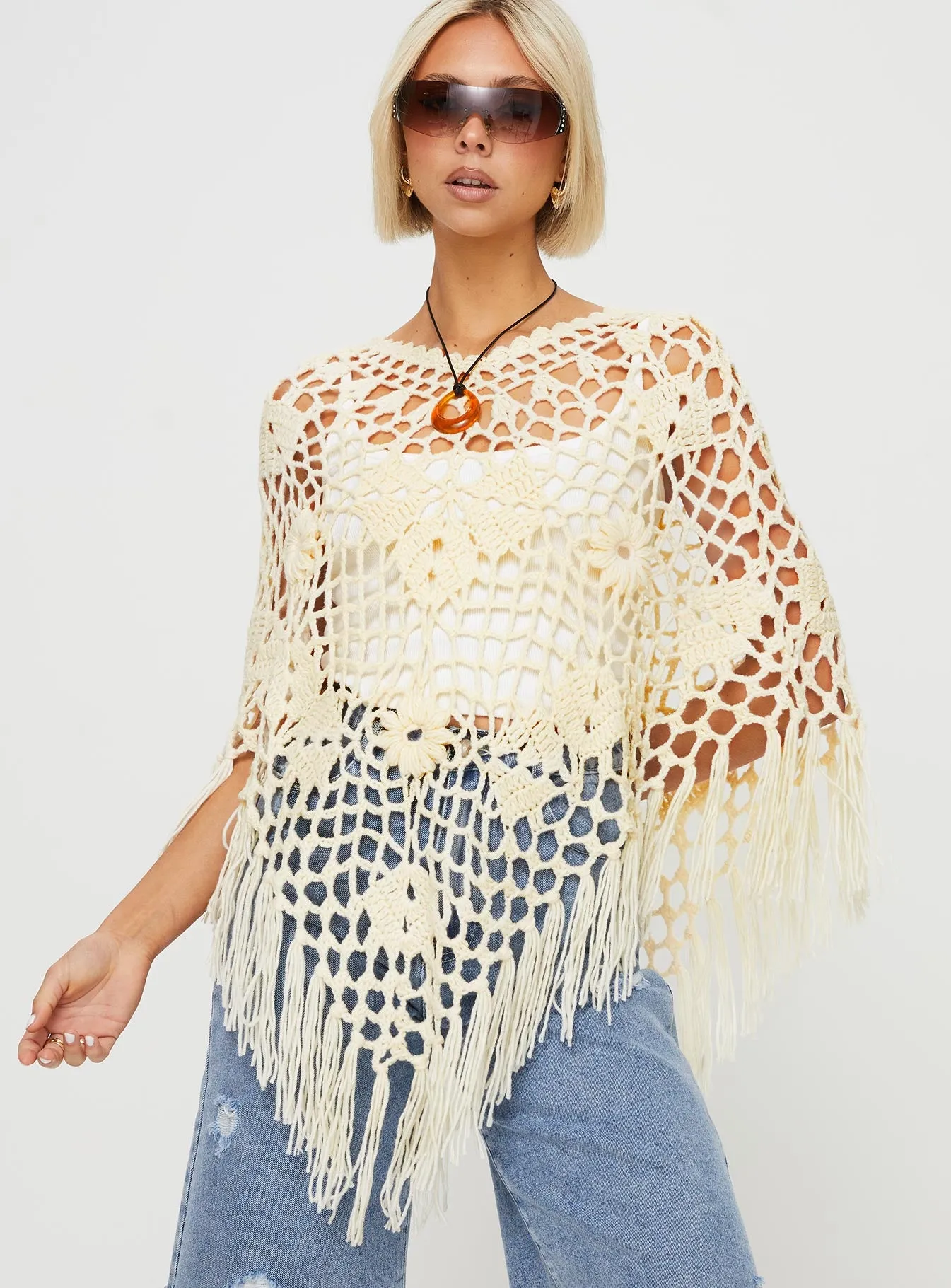 Joanes Crochet Poncho Beige