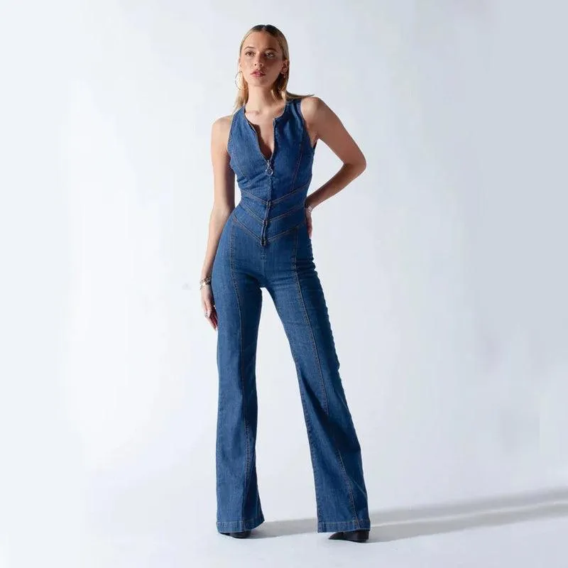 Summer Slim Heart-shape Backless Denim Jumpsuit