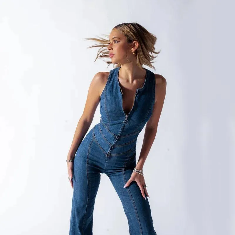 Summer Slim Heart-shape Backless Denim Jumpsuit