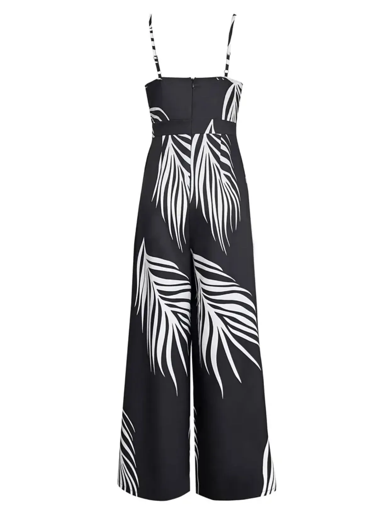 “White Leaf” Scoop Neck Jumpsuit, Casual Backless Spaghetti Strap Wide Leg