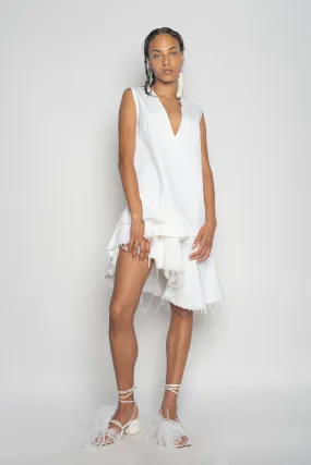 WHITE V-NECK FRILL DRESS