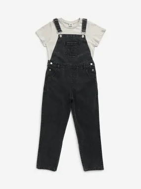 Y&F Kids Black Denim Dungaree with T-Shirt Set